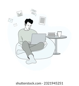 A man with sits at a computer looks at the screen. Home education. Online education. Computer work. Online courses. Template for the page. Flat illustration.