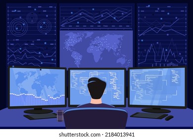 Un hombre se sienta en una computadora por la noche, mira desde atrás, trabaja por la noche en los monitores, actividades analíticas en la oscuridad, sin luz. Ciberseguridad, comercio, negocios, concepto de programador.