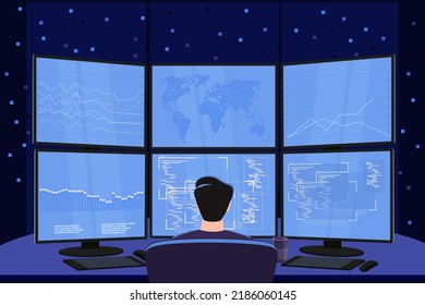 A man sits at a computer at night, view from the back, work at night at the monitors, analytical activities in the dark, without light. Cyber security, trader, business, programmer concept.