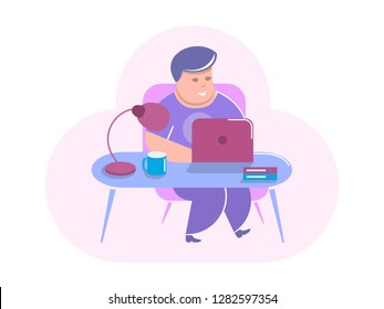 A man sits at a computer in an office and does business. Vector flat illustration for web design and printing