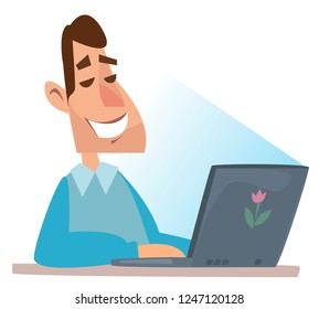 A man sits at a computer. An office employee works at a laptop. Vector illustration in cartoon style.