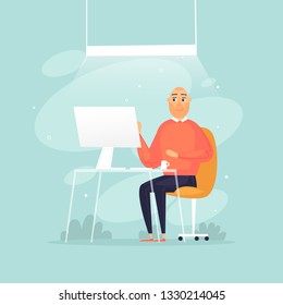 Man sits at a computer, office life, businessman, programmer, data analysis, statistics. Flat design vector illustration.