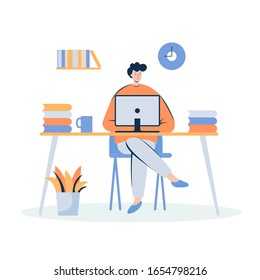 a man sits at the computer on a white background vector illustration