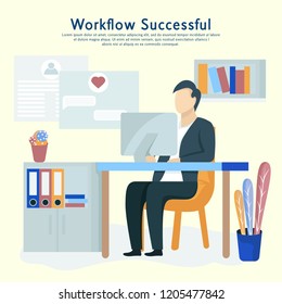 A man sits at a computer and programming, management and working on business projects. Business, workflow management
