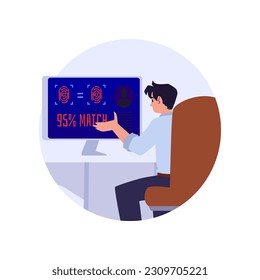 Un hombre se sienta en una computadora y escanea huellas digitales, usa tecnología de acceso de autenticación en el software de la computadora, ve que el 95 por ciento coincide. Sistema de seguridad del escáner biométrico de reconocimiento de huellas dactilares