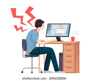 A man sits at a computer at work in an uncomfortable position. Vector illustration isolated on white background. Backache. Symptoms of the office syndrome. Caring for the health of employees.