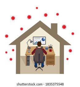 Ein Mann sitzt an einem Computer und arbeitet zu Hause online. Soziale Distanzierung und Selbstisolierung während der Virusisolierung.