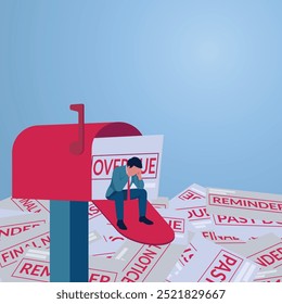 A man sits confused at a mailbox filled with piles of bills, illustrations of overdue bills, financial problems, budgeting failures, financial planning failures.