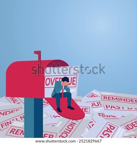 A man sits confused at a mailbox filled with piles of bills, illustrations of overdue bills, financial problems, budgeting failures, financial planning failures.