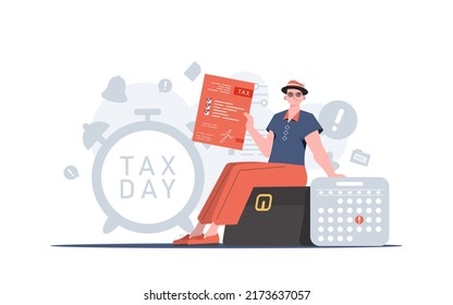 A man sits and counts taxes. Payment of taxes. Element for presentation. Vector illustration