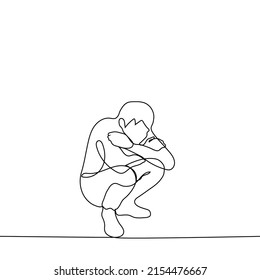 man sits cowering on his haunches - one line drawing vector. concept of loneliness, cold, sadness