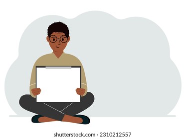 A man sits crossing his legs and holds a clipboard with a white read sheet for the text in his hands. Vector Flat Illustration