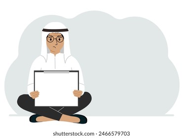 A man sits crossing his legs and holds a clipboard with a white read sheet for the text in his hands. Vector Flat Illustration