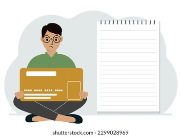 A man sits cross-legged in his hands holding a large credit card next to a close-up notepad for text. Concept of credit card, expense planning, income planning. Vector flat illustration