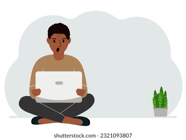 A man sits cross-legged in his hands holding a laptop. The concept of work, education, reading, watching videos. Vector flat illustration