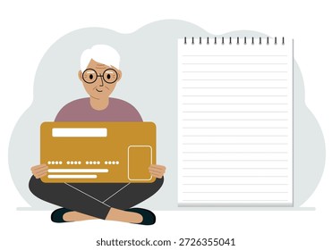 A man sits cross-legged in his hands holding a large credit card next to a close-up notepad for text. Concept of credit card, expense planning, income planning. Vector flat illustration