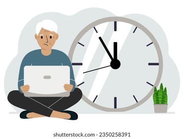 A man sits cross-legged and holds a laptop. Next to the big clock. Time management concept, little time, much time, deadline.