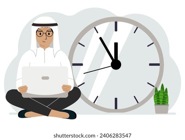 A man sits cross-legged and holds a laptop. Next to the big clock. Time management concept, little time, much time, deadline. Vector flat illustration