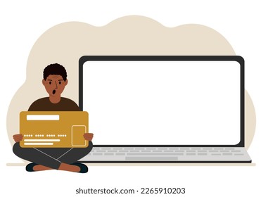 A man sits cross-legged and holds a large plastic card. Next to the man is a large laptop with space for text. Vector flat illustration