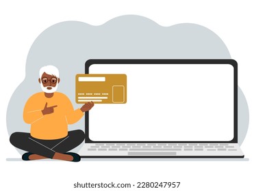 Ein Mann sitzt gekreuzt und hat eine große Plastikkarte. Neben dem Mann ist ein großer Laptop mit Platz für Text. Vektorgrafik