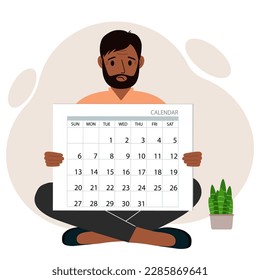 A man sits cross-legged and holds a large calendar glider in his hands. Concept of planning, make plans, schedule, event. Vector flat illustration