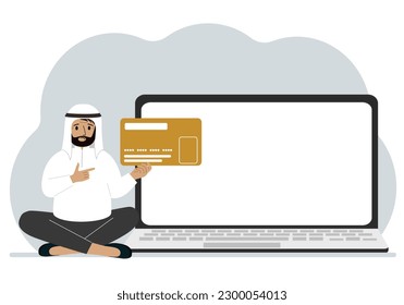 A man sits cross-legged and holds a large plastic card. Next to the man is a large laptop with space for text. Vector flat illustration