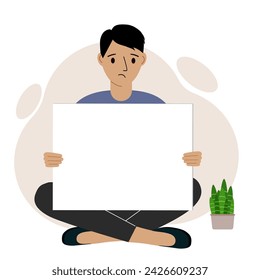 A man sits cross-legged and holds a large white sheet with space for text. Advertising, poster, information, announcement.
