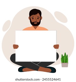 A man sits cross-legged and holds a large white sheet with space for text. Advertising, poster, information, announcement. Vector flat illustration