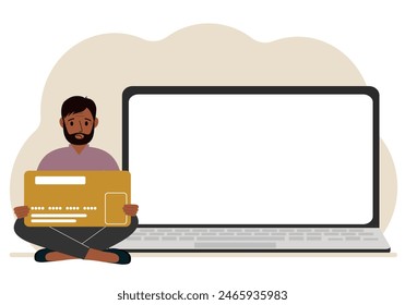 Ein Mann sitzt im Schneidersitz und hat eine große Plastikkarte in der Hand. Neben dem Mann ist ein großes Notebook mit Platz für Text. Vektorgrafik flache Abbildung