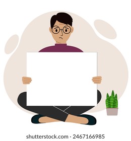 A man sits cross-legged and holds a large white sheet with space for text. Advertising, poster, information, announcement. Vector flat illustration