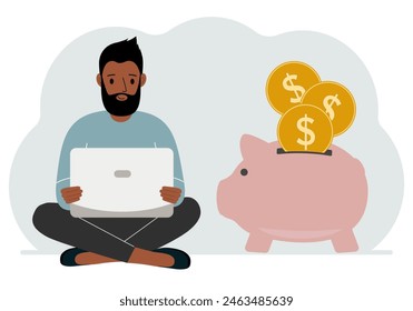 Un hombre sentado con las piernas cruzadas con una laptop al lado de una alcancía de cerdo. Ganar dinero, ahorrar, ahorrar dinero. Ilustración plana de Vector