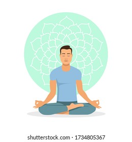 A man sits cross-legged and meditates. Young man practices yoga in lotus position. Calm pose, mental balance, harmony, spirituality energy, body exercise sitting. Vector illustration in a flat style.