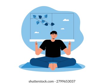 A man sits cross-legged on a blue mat, keeping his eyes closed and holding his hands up with index and middle fingers extended in front of a large window.