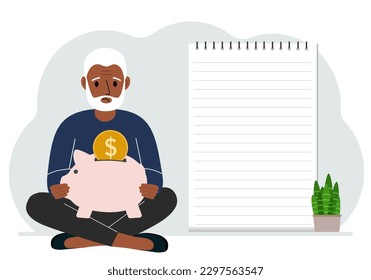 A man sits cross-legged with a piggy bank in his hands. Nearby is a large sheet of paper for planning income and expenses. Vector flat illustration