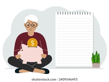 A man sits cross-legged with a piggy bank in his hands. Nearby is a large sheet of paper for planning income and expenses.