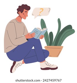 A man sits cross-legged and reading a book. Concept of habits and learning. Male reader enjoying literature or studying and preparing for exam. Vector flat illustration for website or app