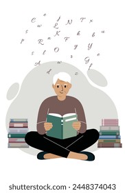 Un hombre se sienta con las piernas cruzadas y lee un libro, hay muchos libros a su alrededor. Ilustración plana de Vector