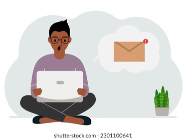 Ein Mann sitzt mit einem Laptop im Schneidersitz und öffnet eine E-Mail. Das Konzept von Bildung, Arbeit, Korrespondenz. Vektorgrafik
