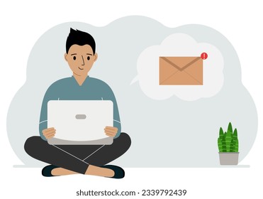 A man sits cross-legged working with a laptop and opens an email. The concept of education, work, correspondence. Vector flat illustration