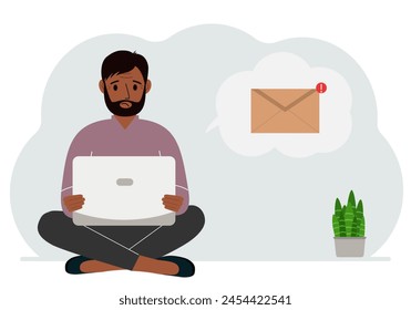 A man sits cross-legged working with a laptop and opens an email. The concept of education, work, correspondence. Vector flat illustration