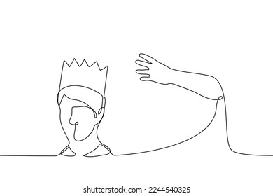 man sits in a crown and someone's hand reaches for crown - one line drawing vector. concept of envy of other people's successes, meanness, theft, betraying