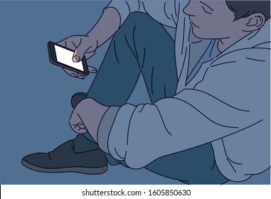 A man sits in the dark and holds a cellphone in his hand. The light on your smartphone shines brightly. hand drawn style vector design illustrations. 