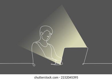 man sits in dark room at laptop with a screen that illuminates him - one line drawing vector. concept freelancer working at night, nocturnal biorhythm man, nocturnal lifestyle