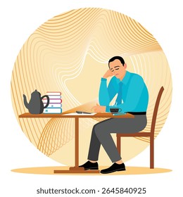 Um homem se senta em uma mesa com livros, café e um bule de chá, envolvido em pensar ou escrever. Jovem conceito de homem pensativo.