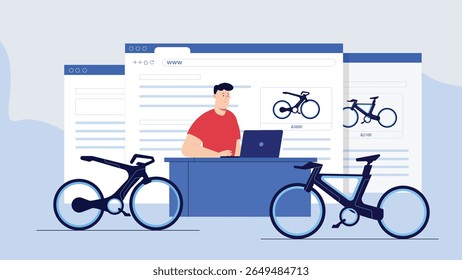 A man sits at a desk, browsing bicycles on a laptop, with a digital storefront interface displayed. Two bicycles are positioned in the foreground, emphasizing online shopping and e-commerce for bikes.
