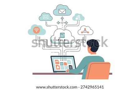A man sits at a desk with his back to the viewer, working on a laptop with various icons and clouds floating above it, representing different aspects of digital communication and data exchange.