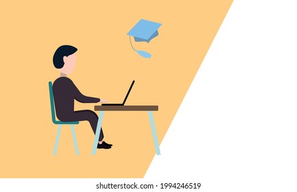 man sits at a desk with a laptop next to an icon in the form of a graduate hat symbolizing education