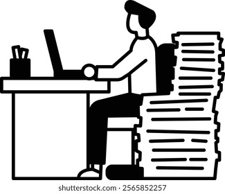 A man sits at a desk with a pile of papers in front of him. He is typing on a laptop computer. Concept of productivity and focus, as the man is working on a task that requires his attention