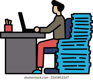 A man sits at a desk with a pile of papers in front of him. He is typing on a laptop computer. Concept of productivity and focus, as the man is working on a task that requires his attention