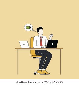 A man sits at a desk with two laptops, thinking about a full battery. He's wearing a shirt, tie, pants, and sneakers.
